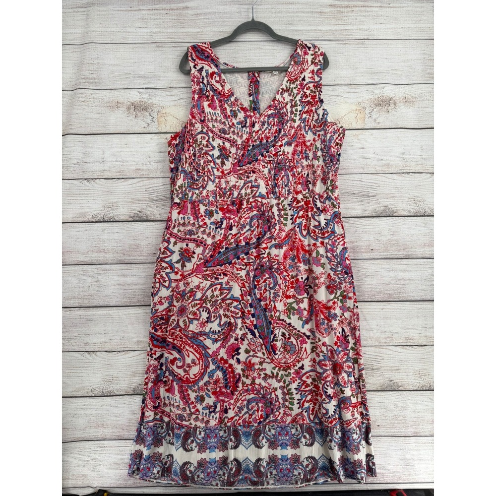 FatFace Dress Womens 18 Ivory Red Blue Paisley Smocked Back Midi Boho